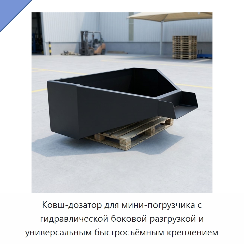 Ковш-дозатор для мини-погрузчика с гидравлической боковой разгрузкой и универсальным быстросъёмным креплением — Навесное оборудование для строительной техники