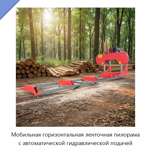 Мобильная горизонтальная ленточная пилорама с автоматической гидравлической подачей