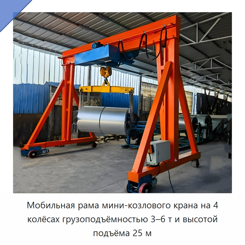 Мобильная рама мини-козлового крана на 4 колёсах грузоподъёмностью 3–6 т и высотой подъёма 25 м — Краны