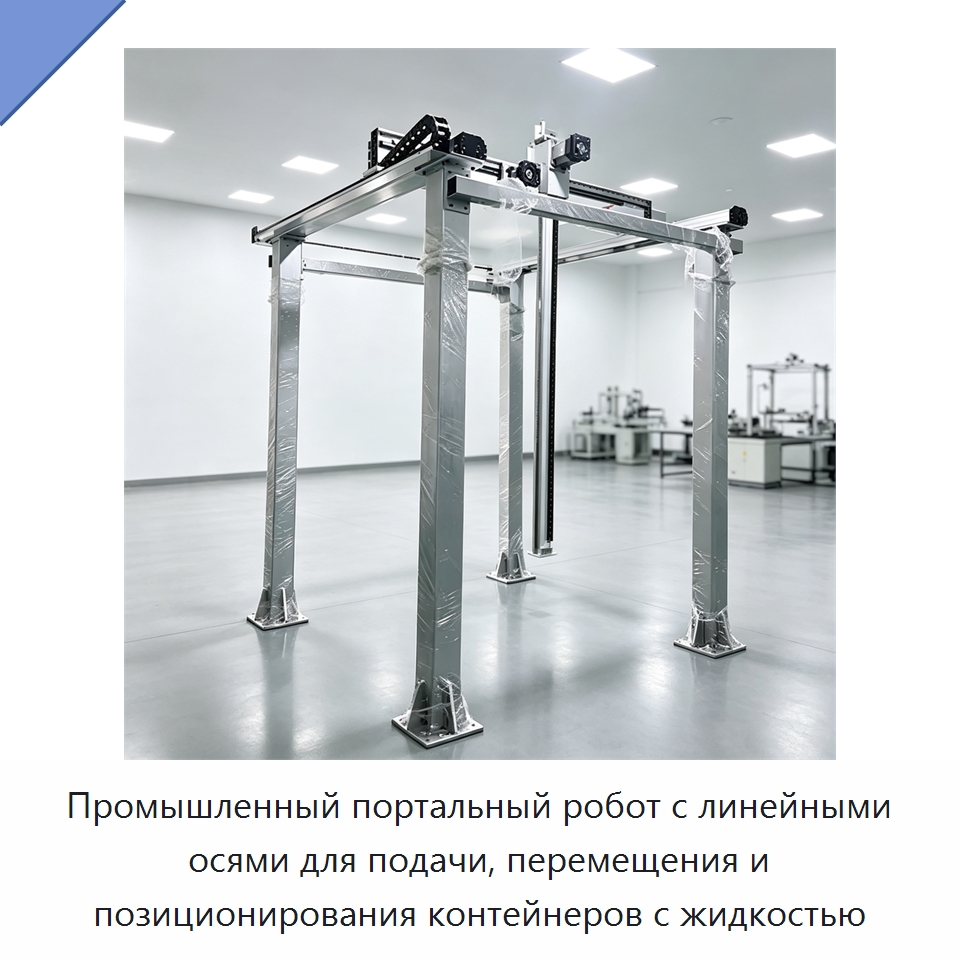 Промышленный портальный робот с линейными осями для подачи, перемещения и позиционирования контейнеров с жидкостью — Манипуляторы