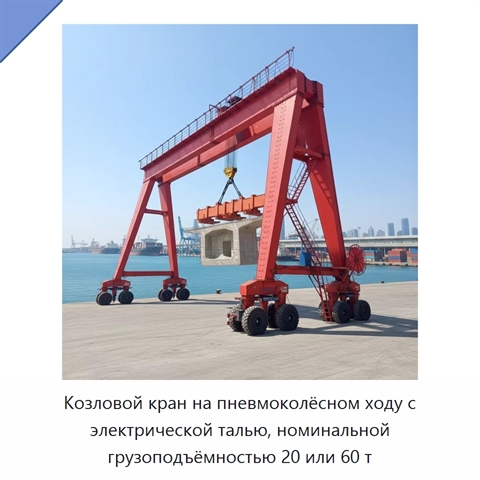 Козловой кран на пневмоколёсном ходу с электрической талью, номинальной грузоподъёмностью 20 или 60 т