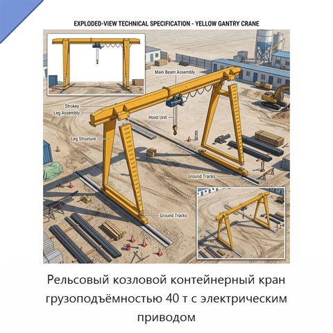 Рельсовый козловой контейнерный кран грузоподъёмностью 40 т с электрическим приводом