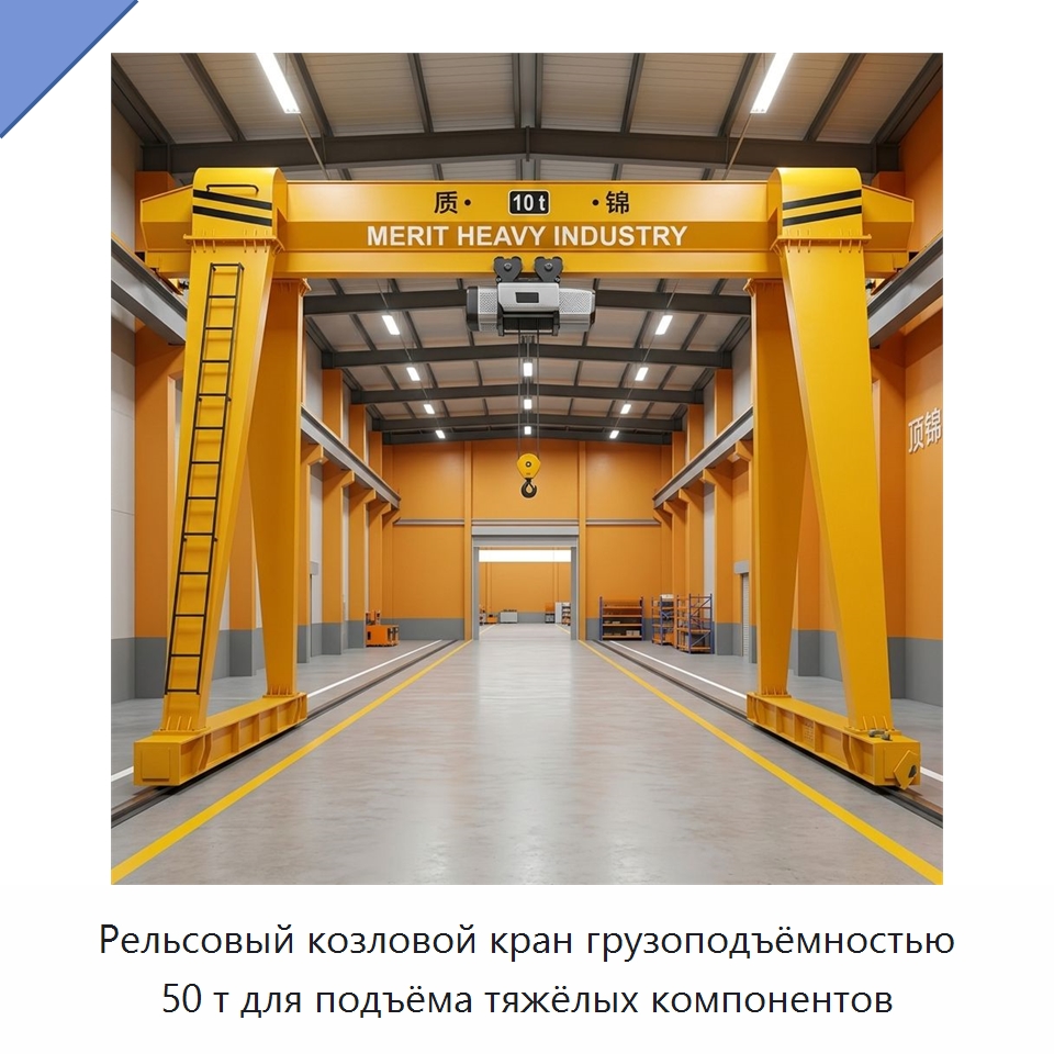 Рельсовый козловой кран грузоподъёмностью 50 т для подъёма тяжёлых компонентов — Краны