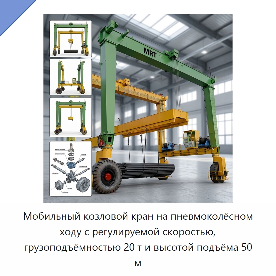 Мобильный козловой кран на пневмоколёсном ходу с регулируемой скоростью, грузоподъёмностью 20 т и высотой подъёма 50 м — Краны