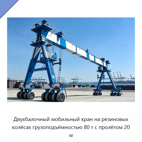 Двухбалочный мобильный кран на резиновых колёсах грузоподъёмностью 80 т с пролётом 20 м