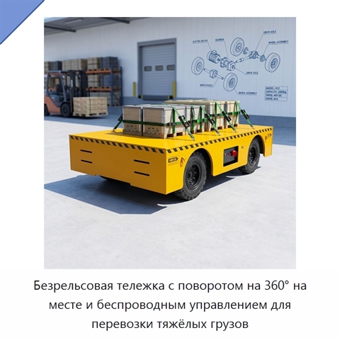 Безрельсовая тележка с поворотом на 360° на месте и беспроводным управлением для перевозки тяжёлых грузов