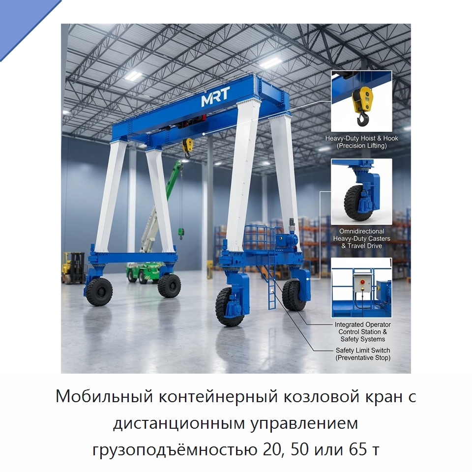 Мобильный контейнерный козловой кран с дистанционным управлением грузоподъёмностью 20, 50 или 65 т — Краны