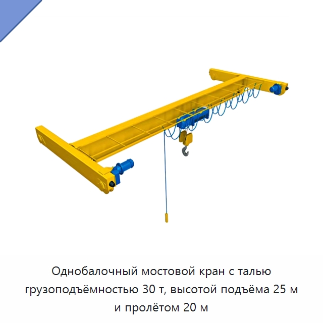 Однобалочный мостовой кран с талью грузоподъёмностью 30 т, высотой подъёма 25 м и пролётом 20 м — Краны