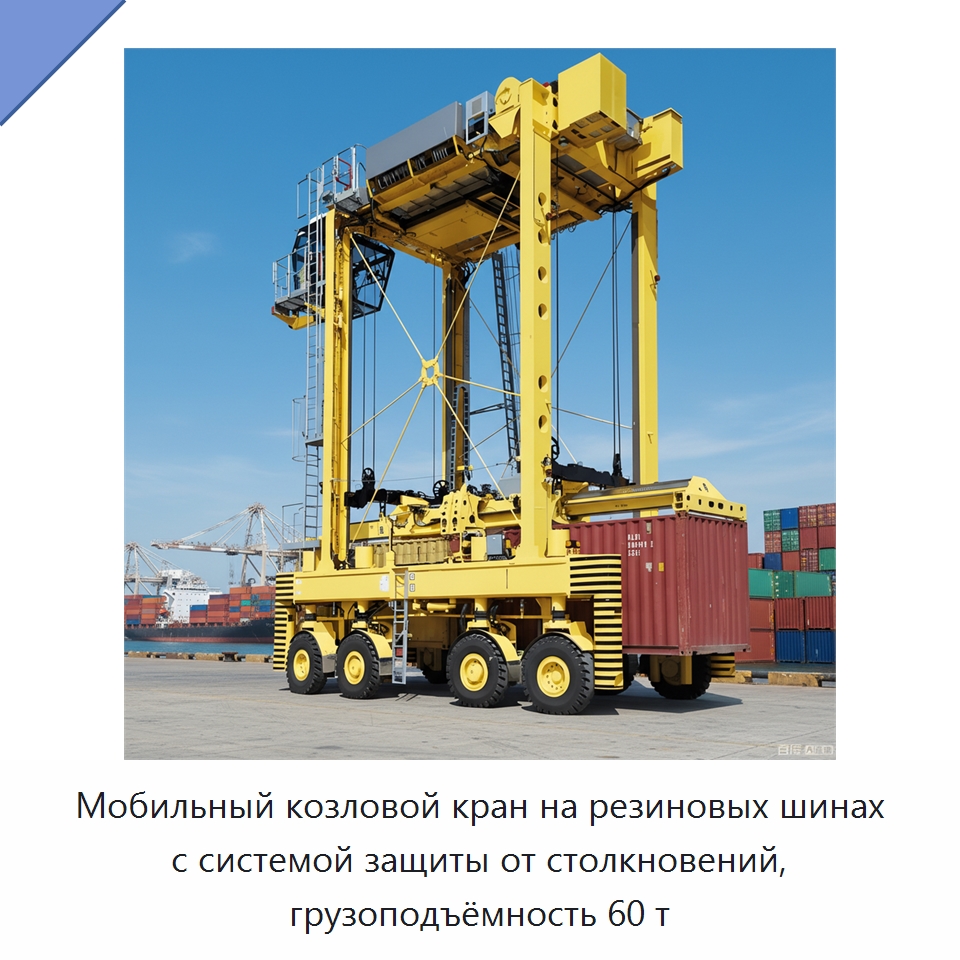 Мобильный козловой кран на резиновых шинах с системой защиты от столкновений, грузоподъёмность 60 т — Краны