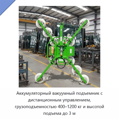 Аккумуляторный вакуумный подъемник с дистанционным управлением, грузоподъемностью 400–1200 кг и высотой подъема до 3 м