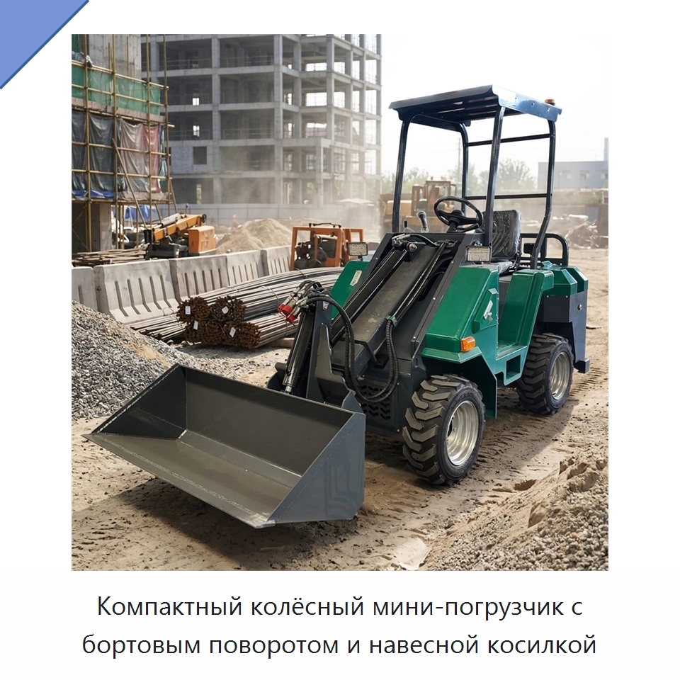 Компактный колёсный мини-погрузчик с бортовым поворотом и навесной косилкой — Землеройная техника