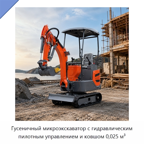 Гусеничный микроэкскаватор с гидравлическим пилотным управлением и ковшом 0,025 м³