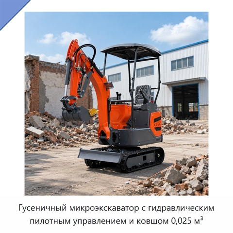 Гусеничный микроэкскаватор с гидравлическим пилотным управлением и ковшом 0,025 м³