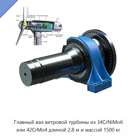 Главный вал ветровой турбины из 34CrNiMo6 или 42CrMo4 длиной 2,8 м и массой 1500 кг