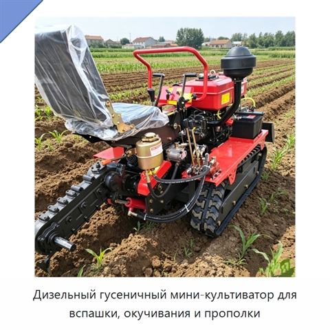 Дизельный гусеничный мини-культиватор для вспашки, окучивания и прополки