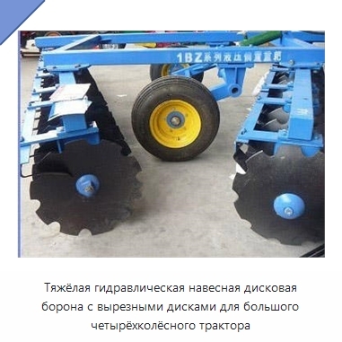 Тяжёлая гидравлическая навесная дисковая борона с вырезными дисками для большого четырёхколёсного трактора