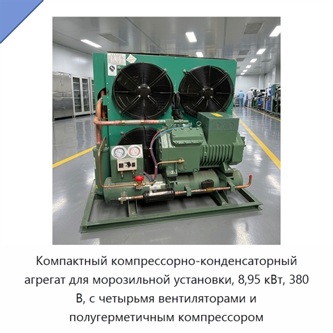 Компактный компрессорно-конденсаторный агрегат для морозильной установки, 8,95 кВт, 380 В, с четырьмя вентиляторами и полугерметичным компрессором