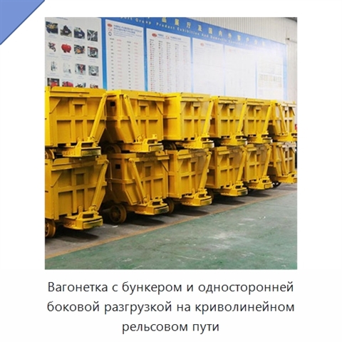 Вагонетка с бункером и односторонней боковой разгрузкой на криволинейном рельсовом пути