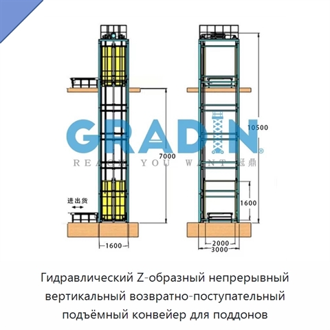 Гидравлический Z-образный непрерывный вертикальный возвратно-поступательный подъёмный конвейер для поддонов