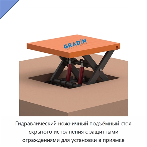 Гидравлический ножничный подъёмный стол скрытого исполнения с защитными ограждениями для установки в приямке