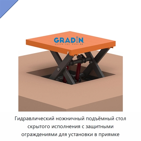 Гидравлический ножничный подъёмный стол скрытого исполнения с защитными ограждениями для установки в приямке