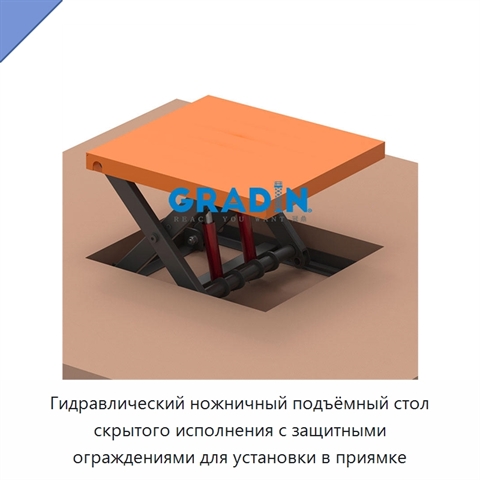 Гидравлический ножничный подъёмный стол скрытого исполнения с защитными ограждениями для установки в приямке