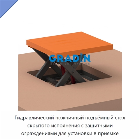 Гидравлический ножничный подъёмный стол скрытого исполнения с защитными ограждениями для установки в приямке