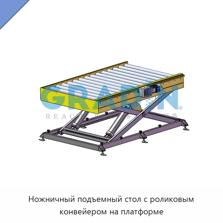 Ножничный подъемный стол с роликовым конвейером на платформе — Подъемные столы