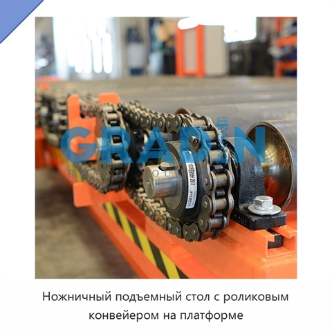Ножничный подъемный стол с роликовым конвейером на платформе