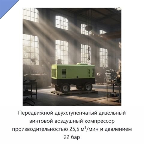 Передвижной двухступенчатый дизельный винтовой воздушный компрессор производительностью 25,5 м³/мин и давлением 22 бар