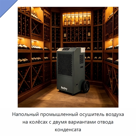 Напольный промышленный осушитель воздуха на колёсах с двумя вариантами отвода конденсата