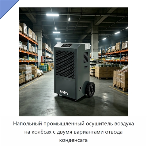 Напольный промышленный осушитель воздуха на колёсах с двумя вариантами отвода конденсата