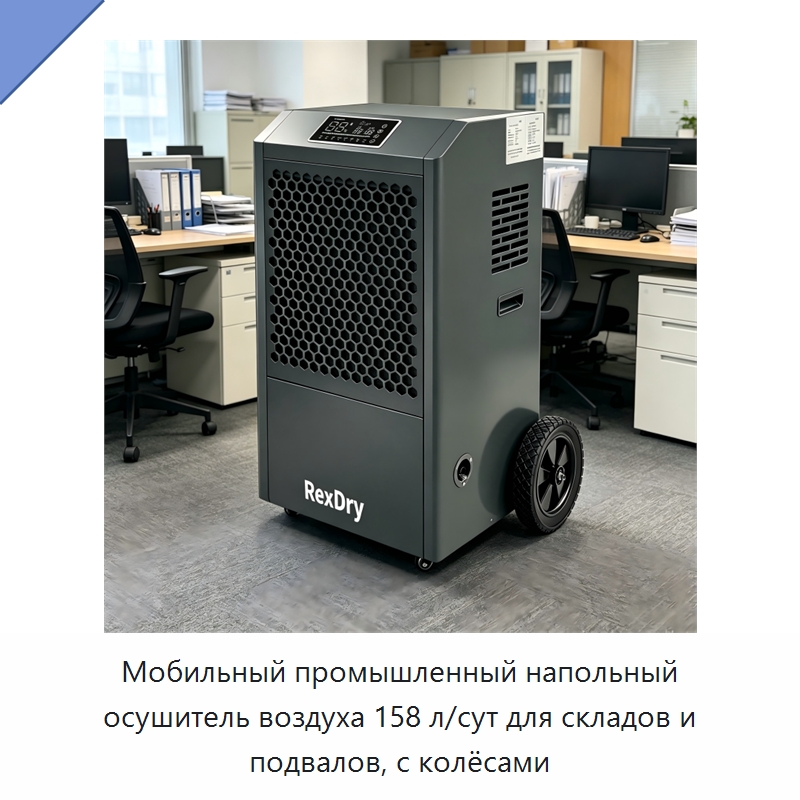 Мобильный промышленный напольный осушитель воздуха 158 л/сут для складов и подвалов, с колёсами