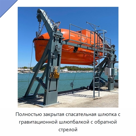 Полностью закрытая спасательная шлюпка с гравитационной шлюпбалкой с обратной стрелой