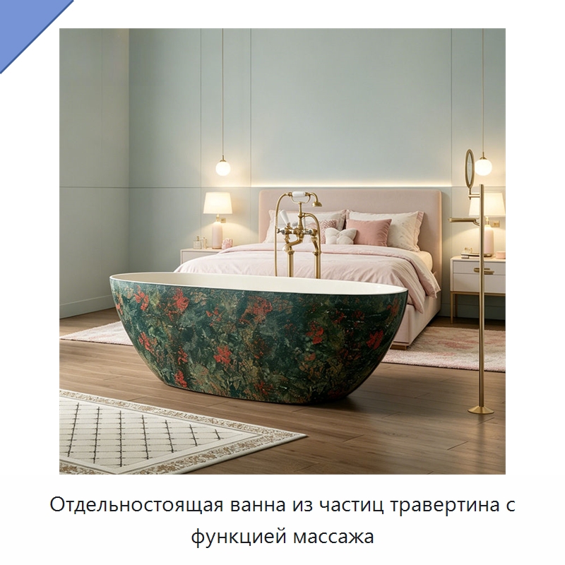 Отдельностоящая ванна из частиц травертина с функцией массажа