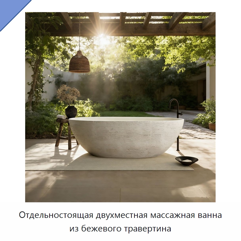 Отдельностоящая двухместная массажная ванна из бежевого травертина — Ванны и гидромассажные ванны