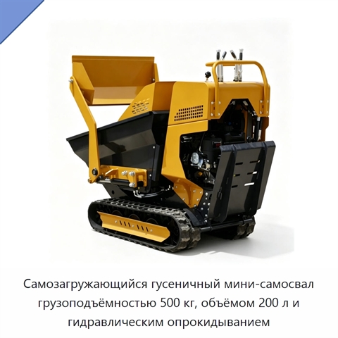 Самозагружающийся гусеничный мини-самосвал грузоподъёмностью 500 кг, объёмом 200 л и гидравлическим опрокидыванием