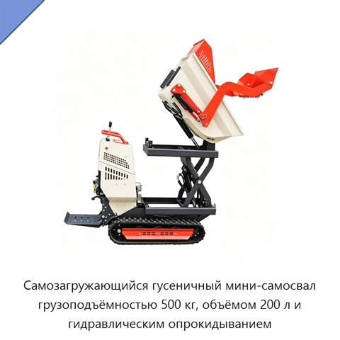 Самозагружающийся гусеничный мини-самосвал грузоподъёмностью 500 кг, объёмом 200 л и гидравлическим опрокидыванием